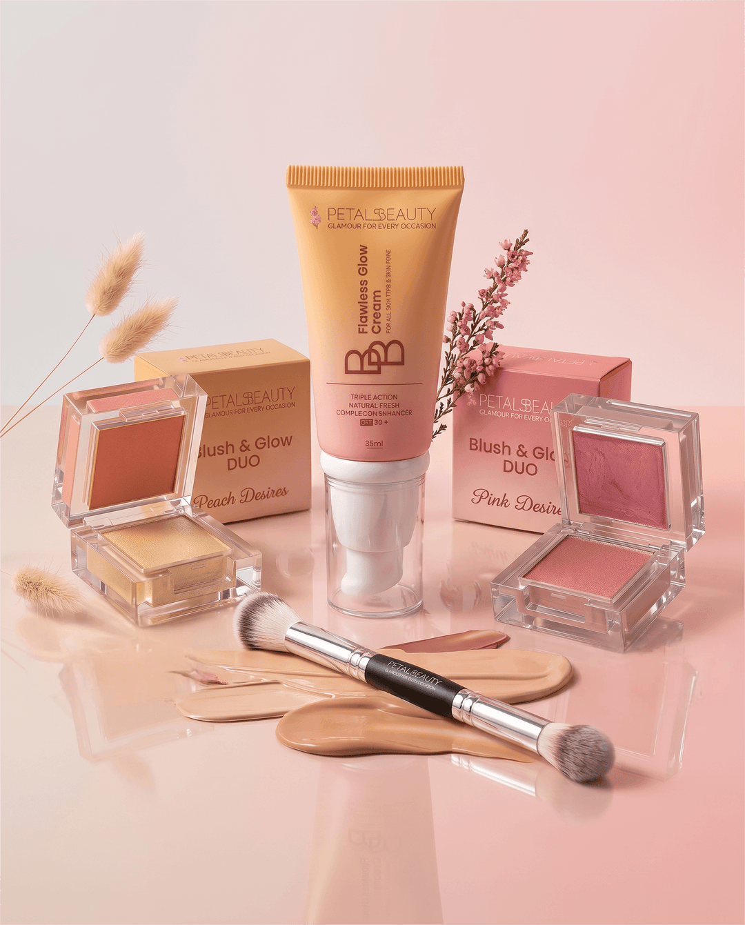 Perfect Makeup Bundle contents with BB cream, two Blush and Glow duos and a brush