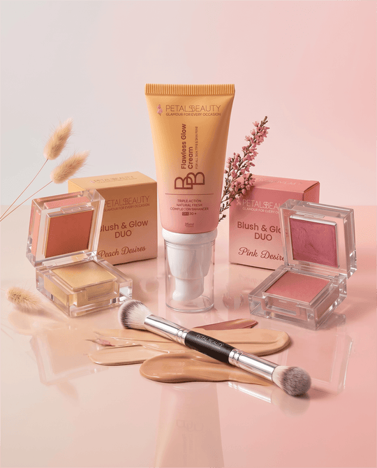 Perfect Makeup Bundle contents with BB cream, two Blush and Glow duos and a brush