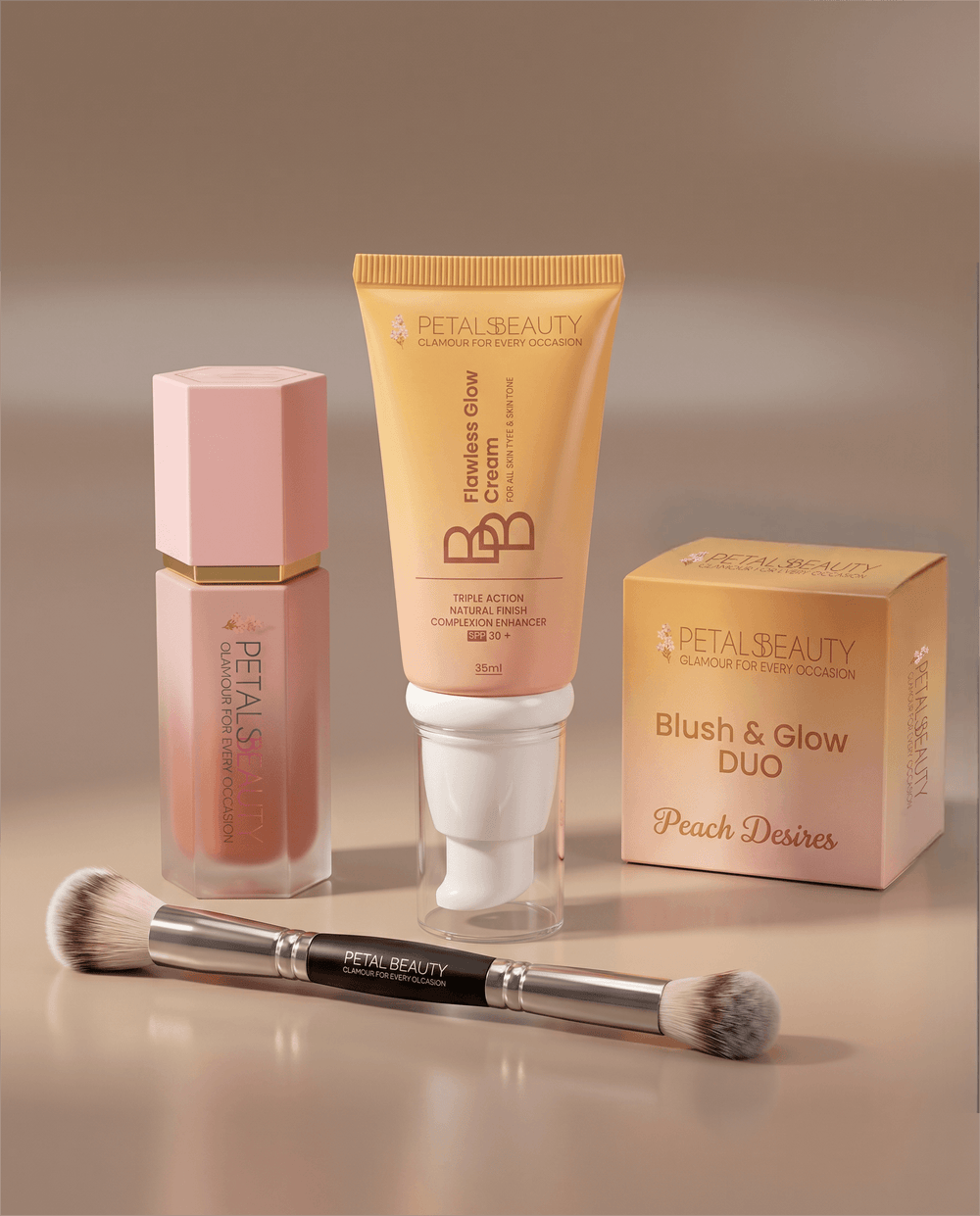 Brush, BB and Blush bundle contents including liquid blush and makeup brush