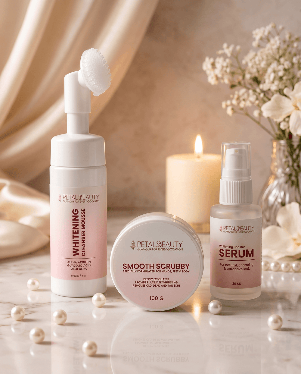 White Secret Bundle: Whitening Booster Serum, Cleanser Mousse and Smooth Scrubby