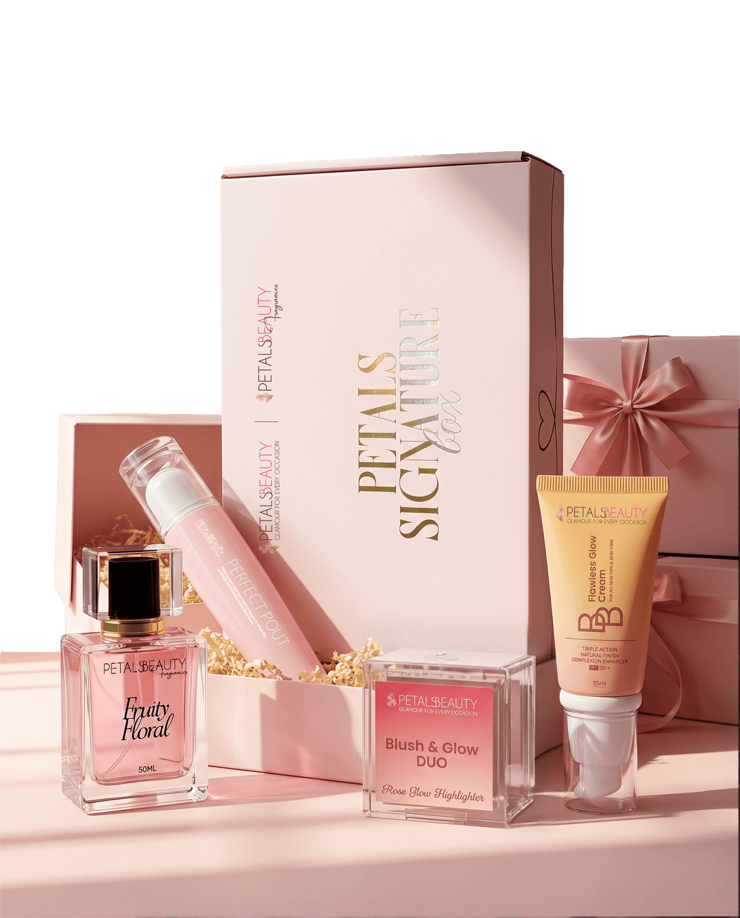 Petals Signature Box gift set with a fragrance, lip gloss, Blush and Glow duo and BB cream