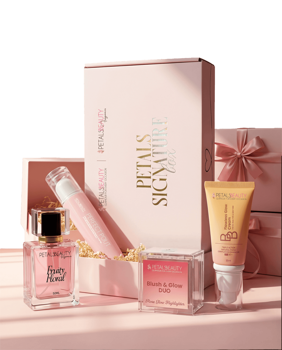Petals Signature Box gift set with a fragrance, lip gloss, Blush and Glow duo and BB cream