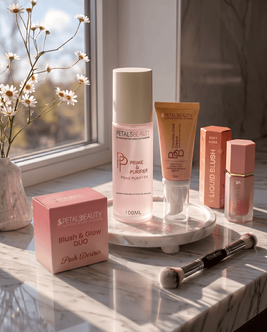 Go and Glow bundle contents laid out with BB cream, primer, blushes and brush