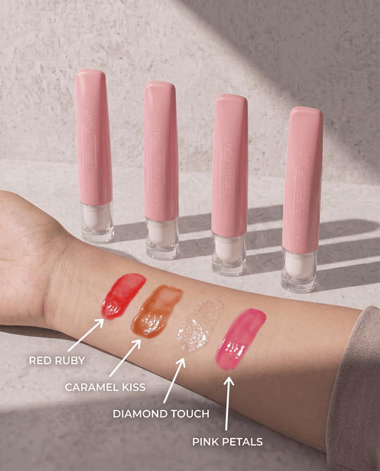 Perfect Pout four-shade lip gloss set in Petals Beauty packaging