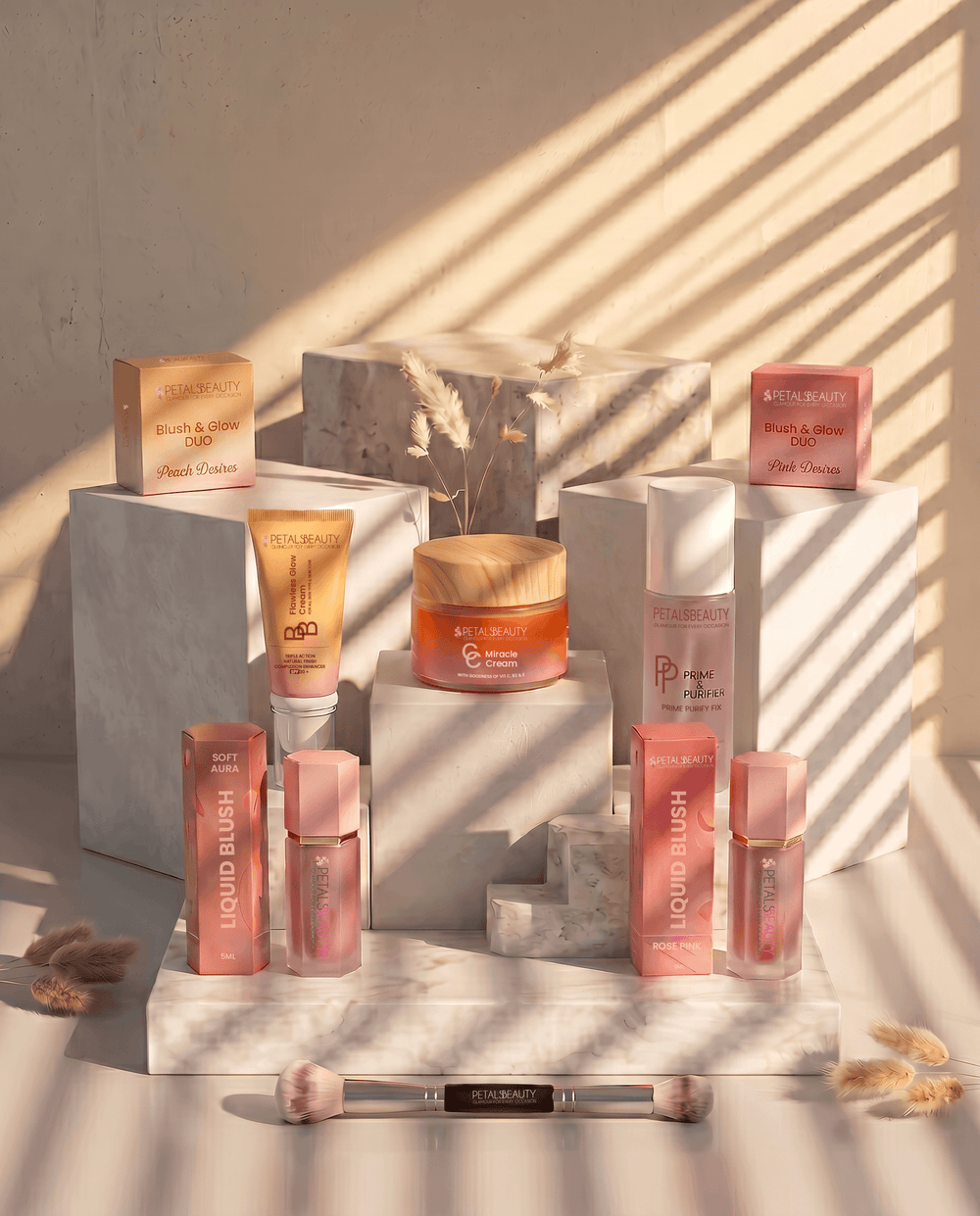 Six-piece Prime, skincare, makeup and fix bundle contents laid out