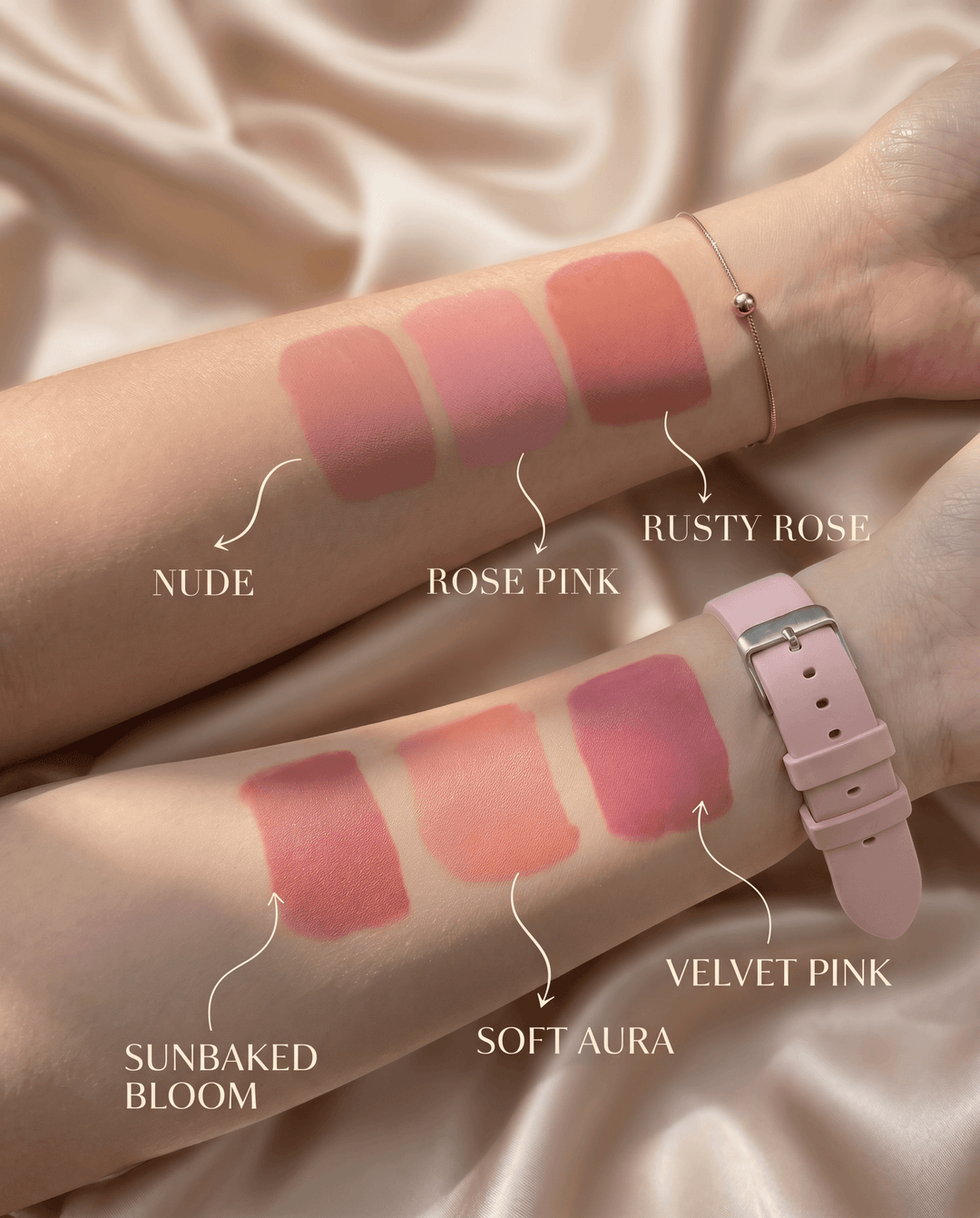 All six liquid blush shades from Petals Beauty displayed with packaging