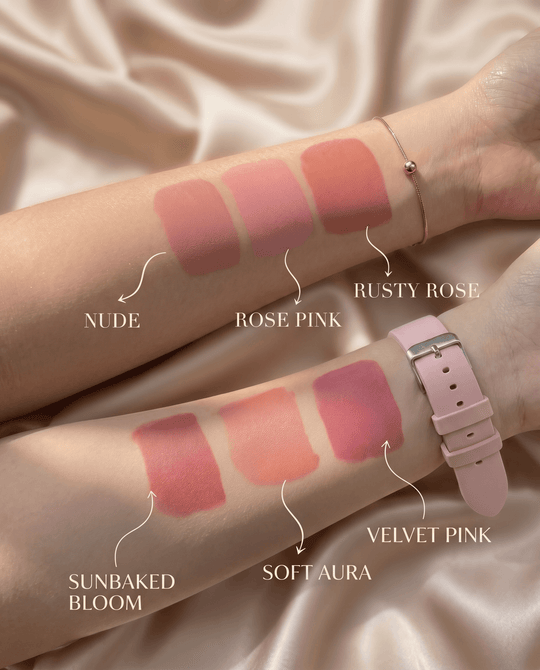 All six liquid blush shades from Petals Beauty displayed with packaging