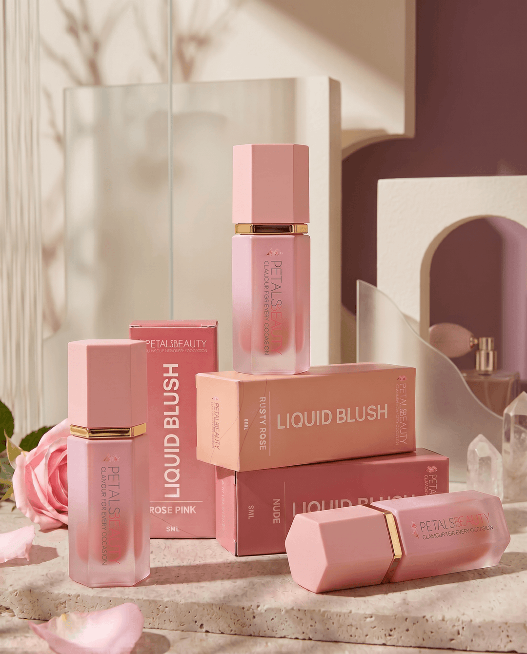 Three liquid blushes in Rusty Rose, Nude and Rose Pink shown together