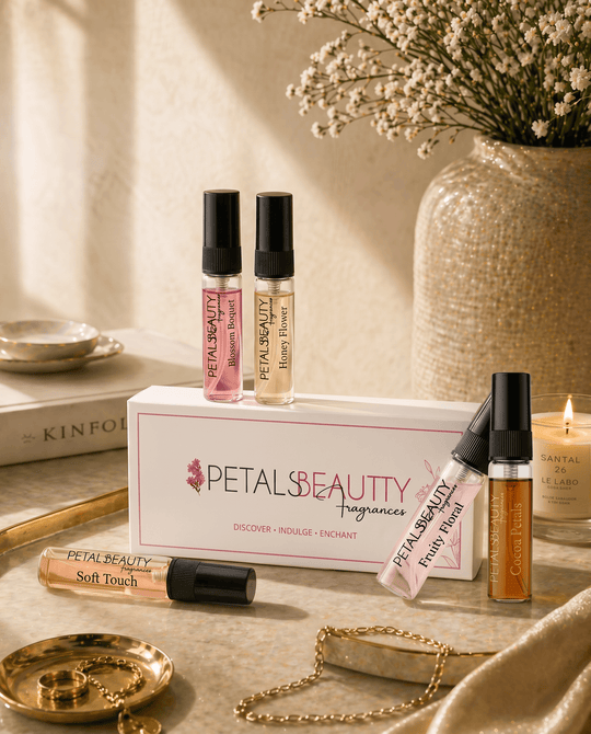 Five Petals Beauty perfume tester bottles shown together