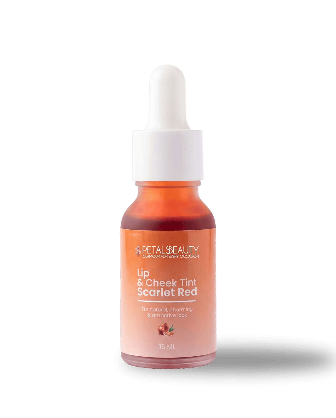 Scarlet Red lip and cheek tint by The Petals Beauty on a plain background