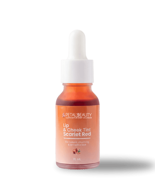 Scarlet Red lip and cheek tint by The Petals Beauty on a plain background