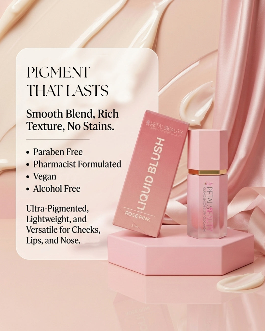 Rose Pink liquid blush benefits: 5ml, buildable, lightweight, for cheeks and lips