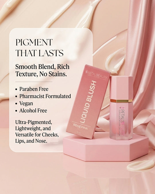 Rose Pink liquid blush benefits: 5ml, buildable, lightweight, for cheeks and lips
