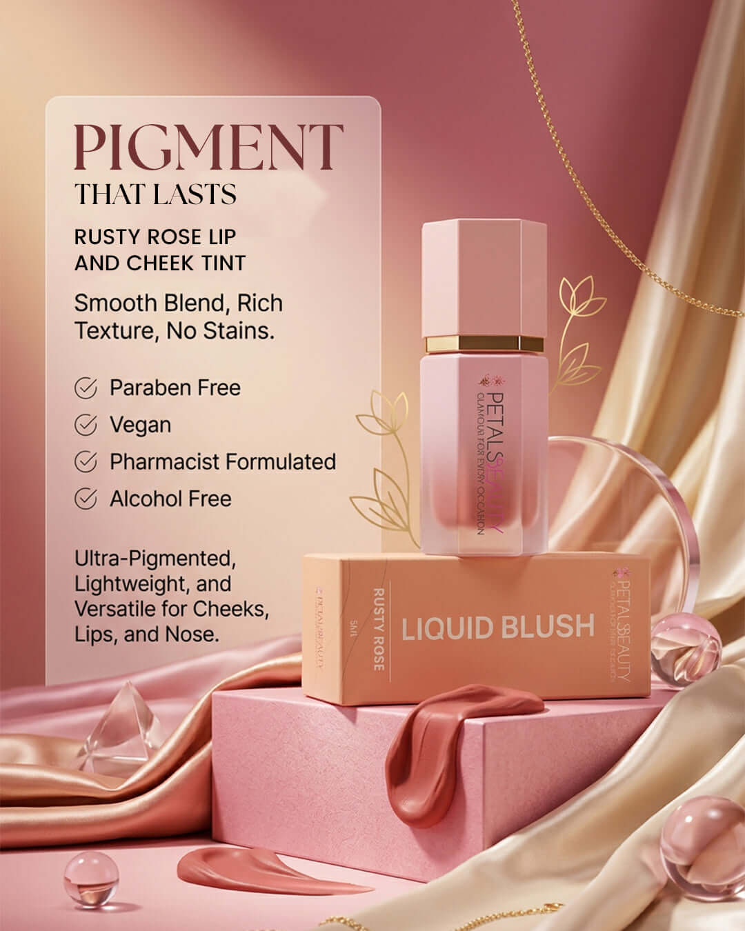 Rusty Rose liquid blush benefits: 5ml, buildable, lightweight, for cheeks and lips