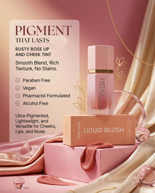 Rusty Rose liquid blush benefits: 5ml, buildable, lightweight, for cheeks and lips