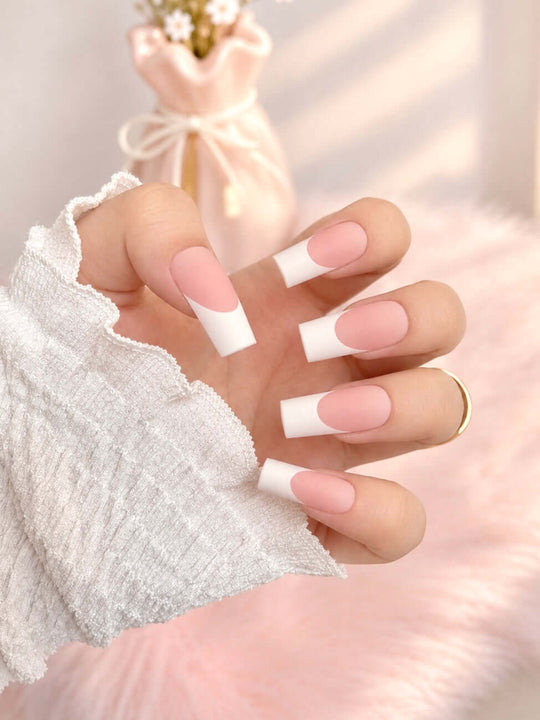 Long Matte Pink French Tip Press-On Nails