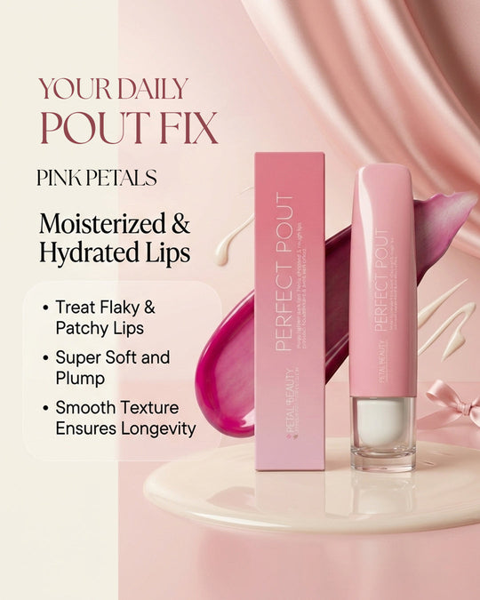 Perfect Pout Pink Petals pink lip gloss by Petals Beauty on pink background