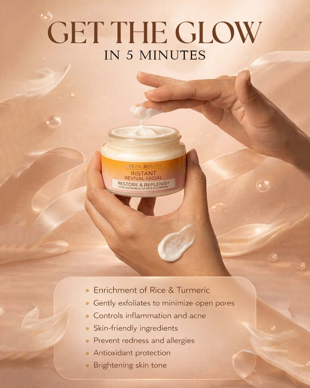 Hand holding a jar of skincare product with text about its benefits on a soft, beige background.