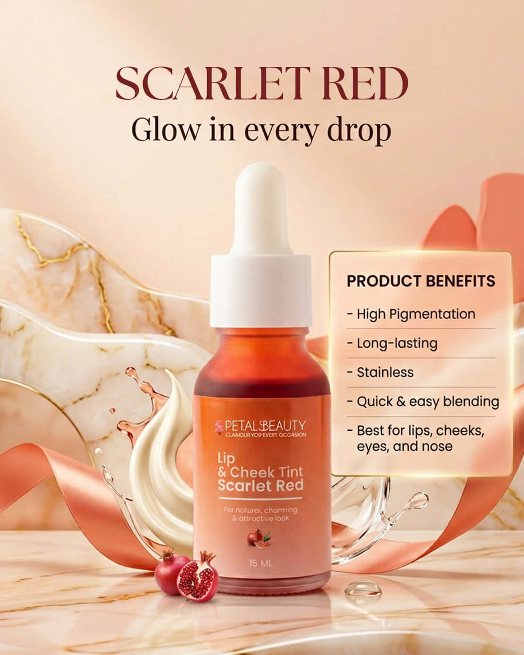 Scarlet Red lip and cheek tint benefits: buildable colour for lips and cheeks