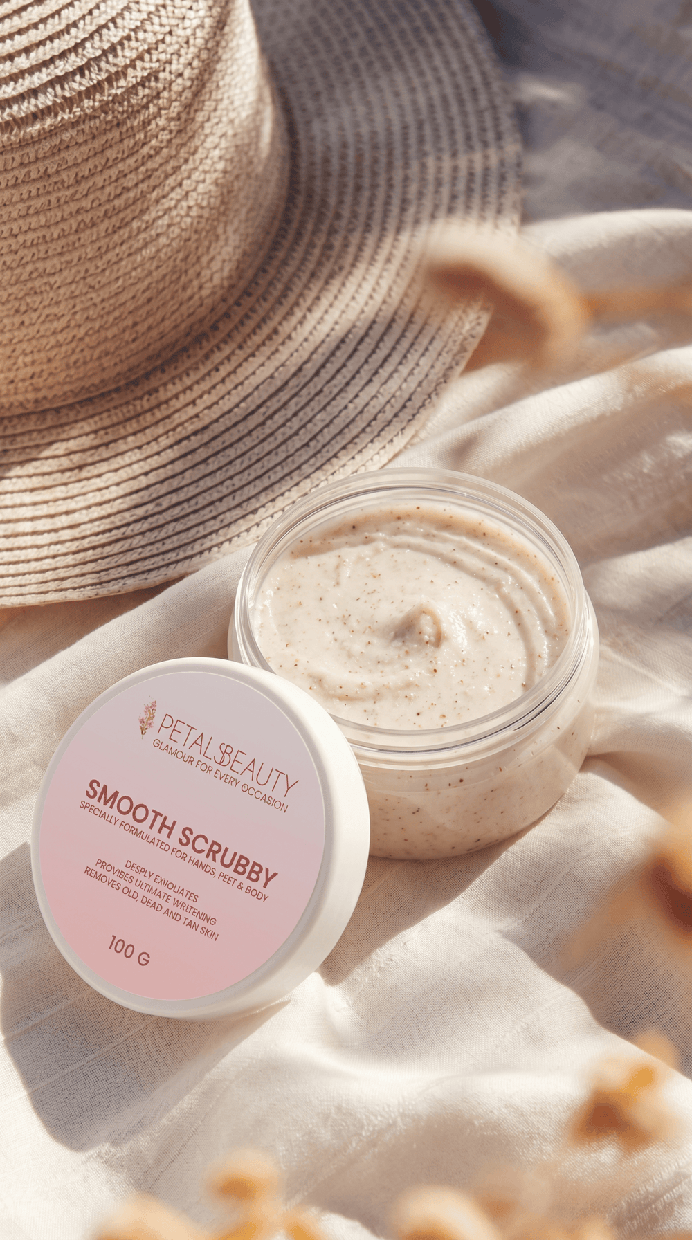 Smooth Scrubby cream texture with walnut scrub granules