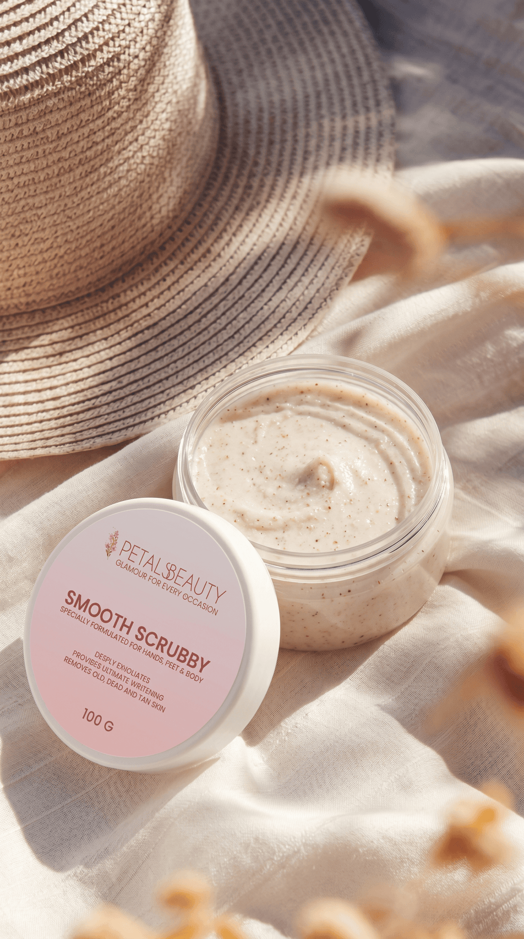 Smooth Scrubby cream texture with walnut scrub granules