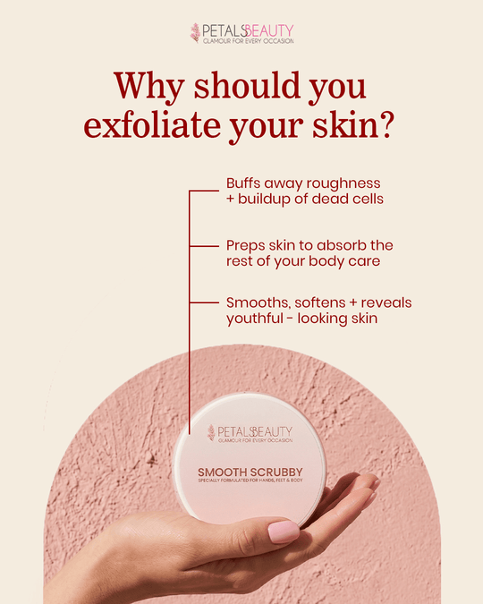 Promotional graphic for Petals Beauty Smooth Scrubby exfoliating body scrub. The design features a hand holding the round, pale pink jar against a textured pink background, with text explaining the benefits of exfoliating skin.