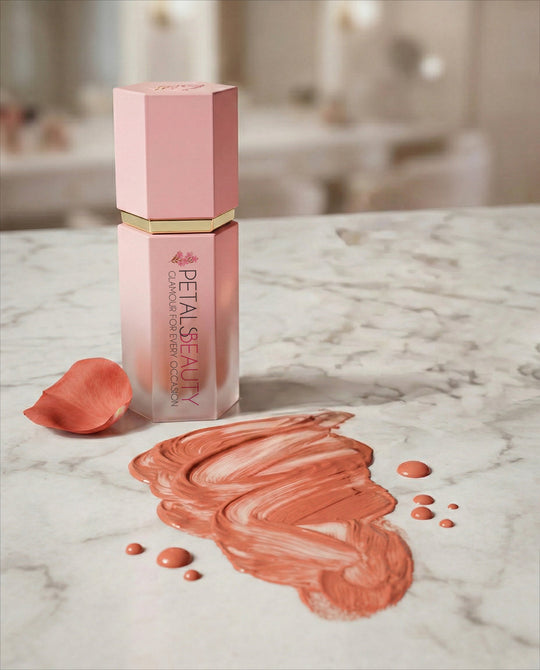 Soft Aura rosy pink liquid blush bottle by The Petals Beauty on pink background