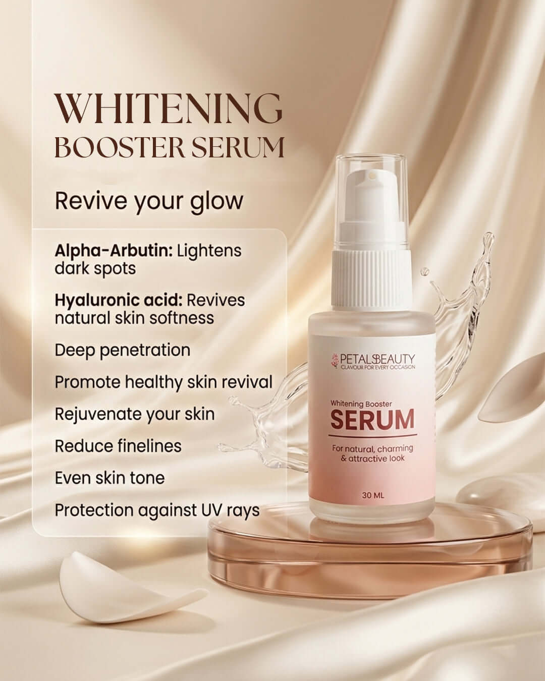 Whitening Booster Serum benefits: alpha arbutin and hyaluronic acid for brighter, hydrated skin