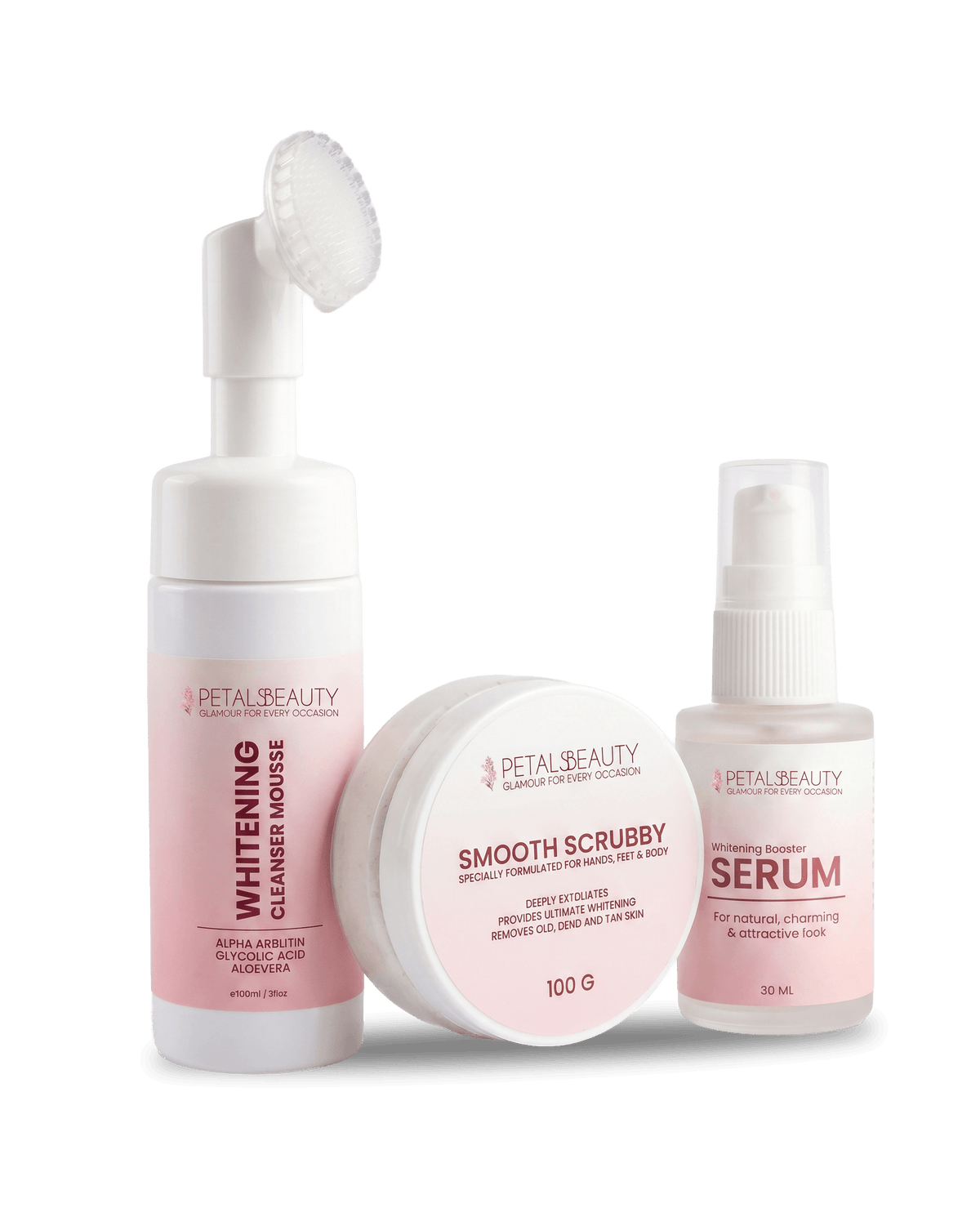 White Secret Bundle with Whitening Booster Serum, Whitening Cleanser Mousse and Smooth Scrubby