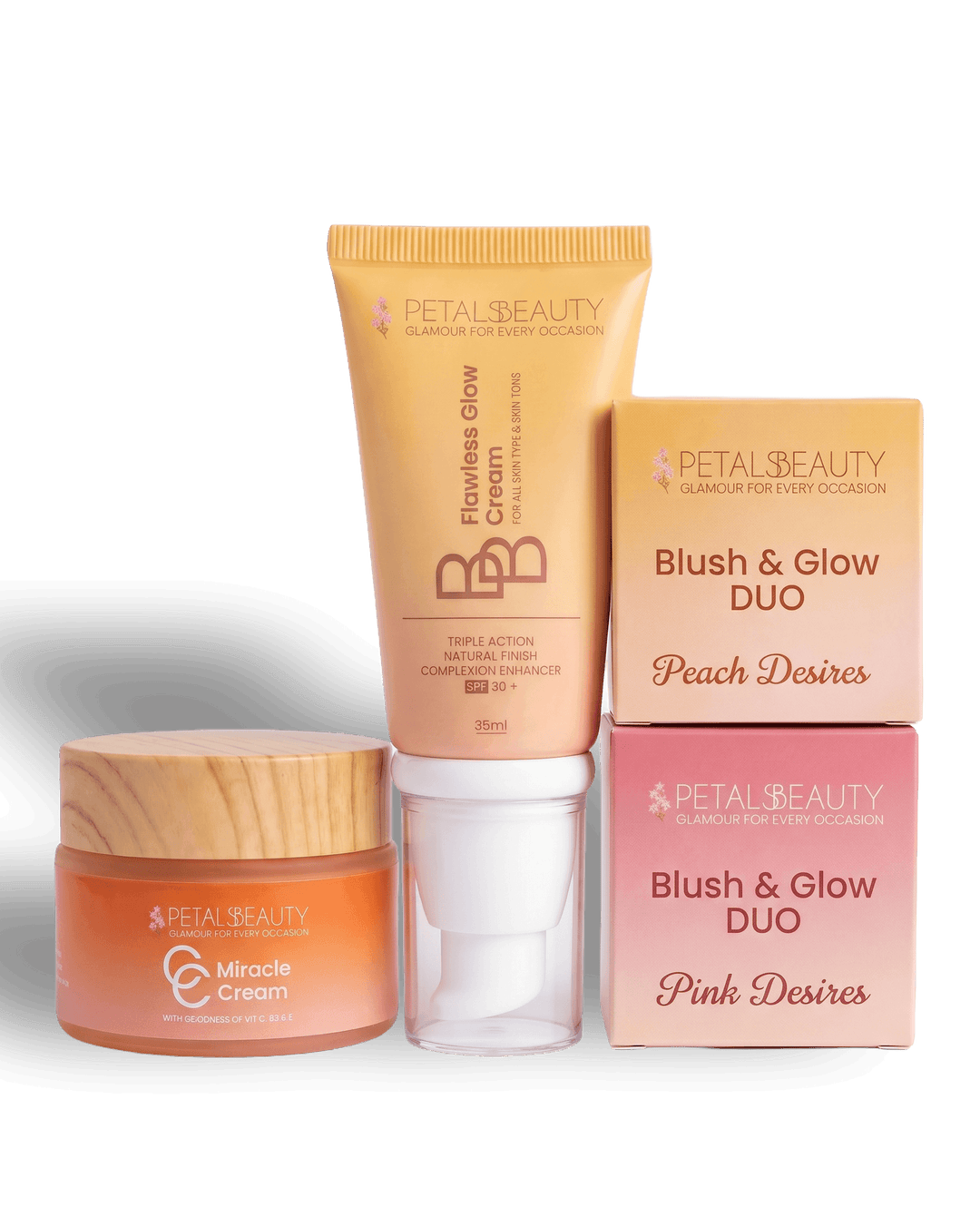 Glow Bundle with Flawless Glow BB cream, Miracle C Cream and pink and peach Blush and Glow duos