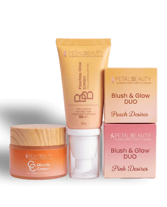 Glow Bundle with Flawless Glow BB cream, Miracle C Cream and pink and peach Blush and Glow duos