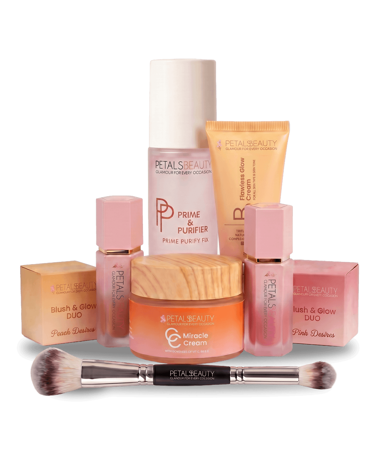Six-piece bundle with Prime and Purifier, BB cream, Miracle C Cream, blush and glow, liquid blush and brush