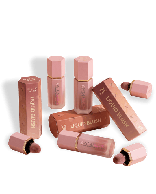 Complete set of six Petals Beauty liquid blushes including Rose Pink, Nude and Rusty Rose shades