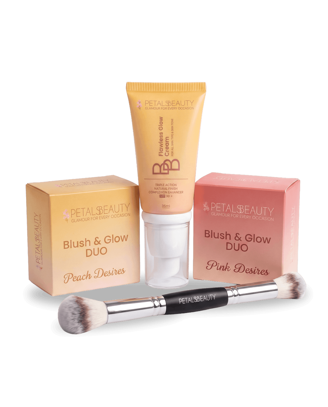 Perfect Makeup Bundle with BB cream, pink and peach Blush and Glow duos and a multipurpose brush