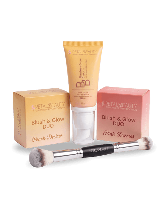 Perfect Makeup Bundle with BB cream, pink and peach Blush and Glow duos and a multipurpose brush