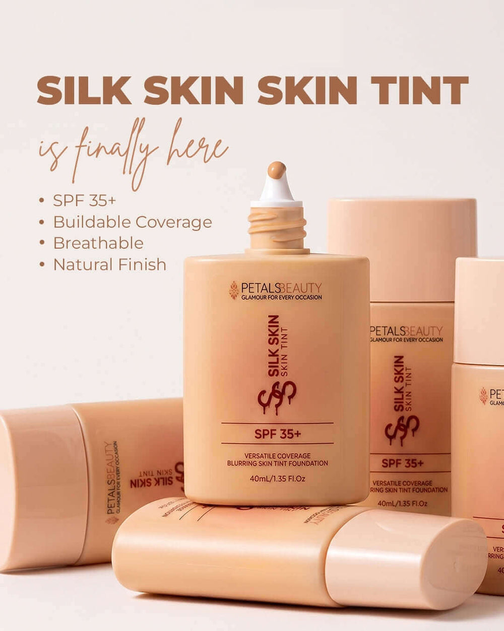 Petals Beauty Silk Skin Skin Tint shown with product details