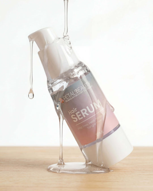 Hair serum bottle with dropper on a light background