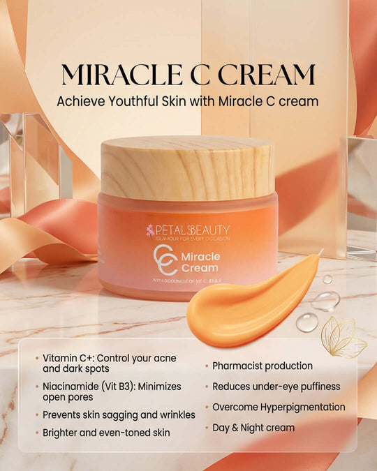 Petals Beauty Miracle C Cream with packaging and text highlighting benefits on a light background