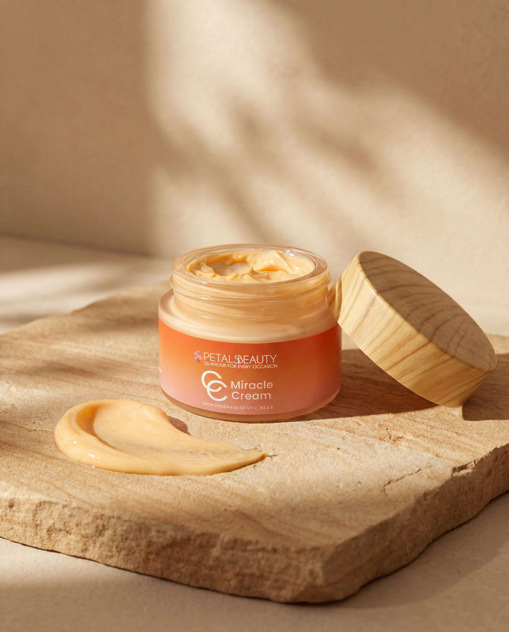 Jar of Petals Beauty Miracle Cream on a wooden surface with a soft background