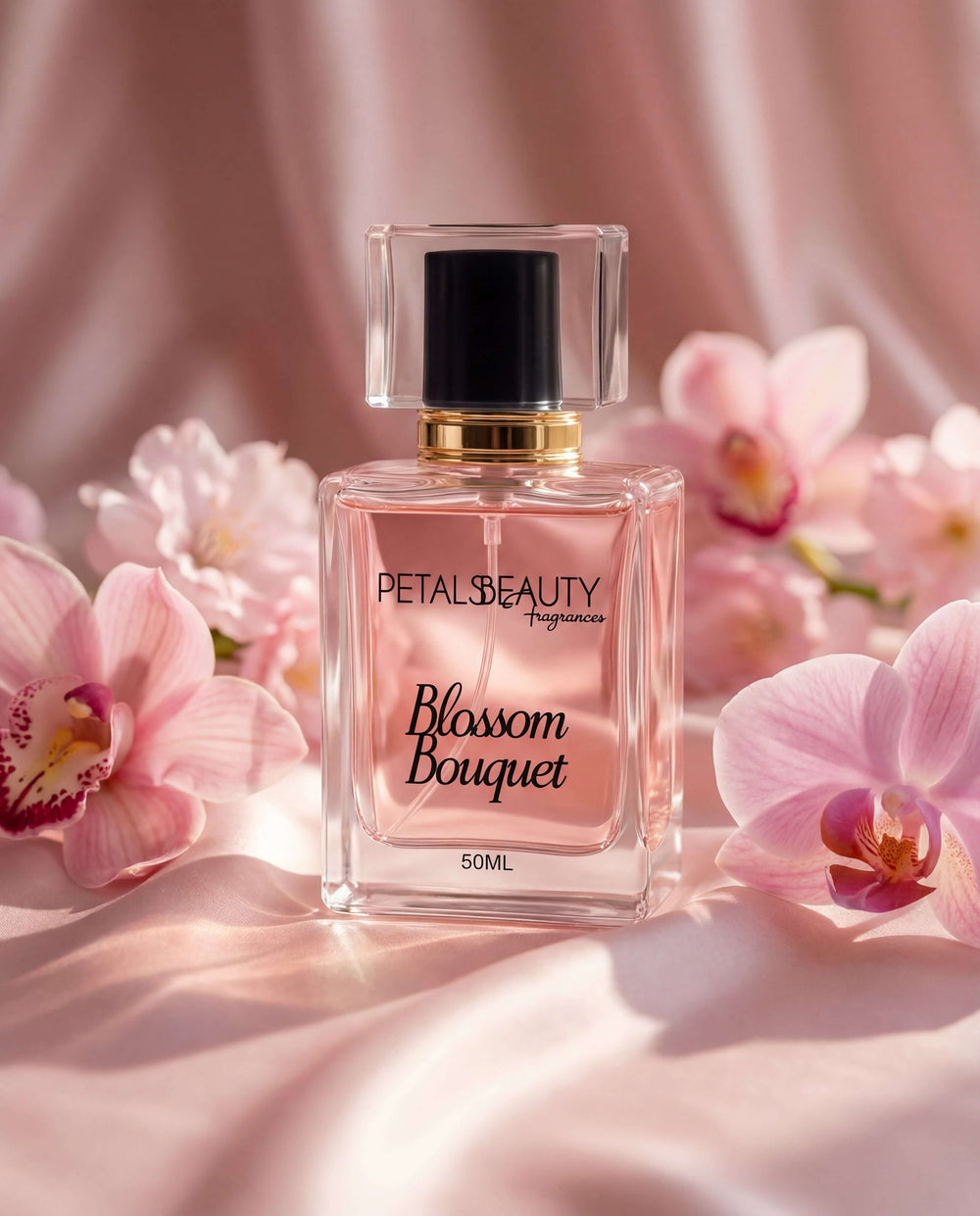 Blossom Bouquet perfume bottle styled on a soft background
