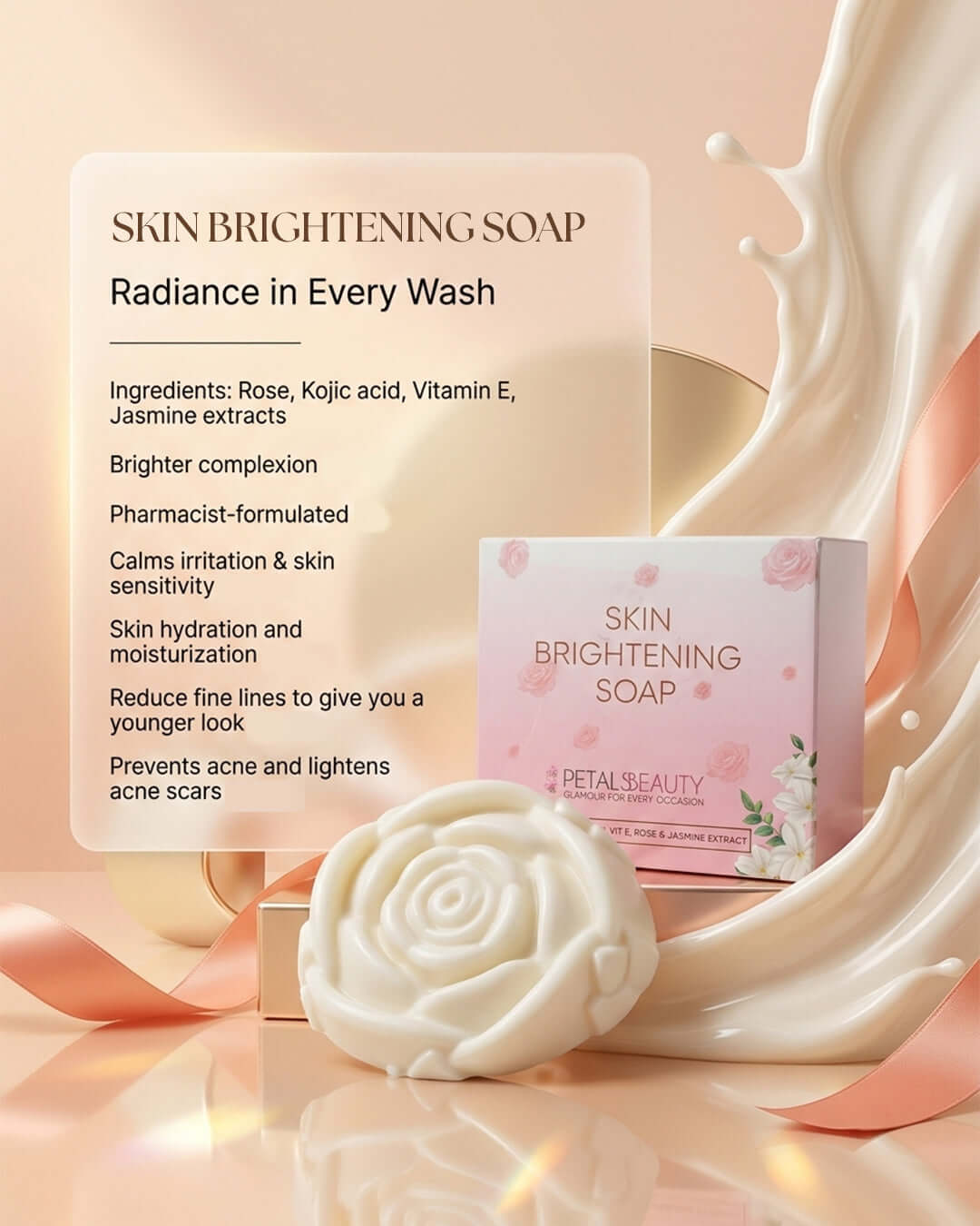 Skin brightening soap with packaging and product details on a soft pink background