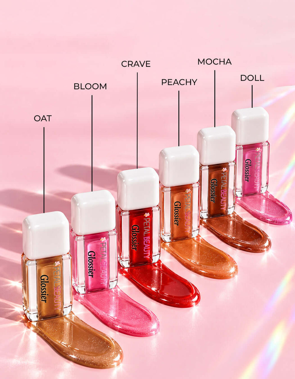 Glossier Bundle of 6 plumping lip glosses: Crave, Bloom, Doll, Oat, Mocha and Peachy