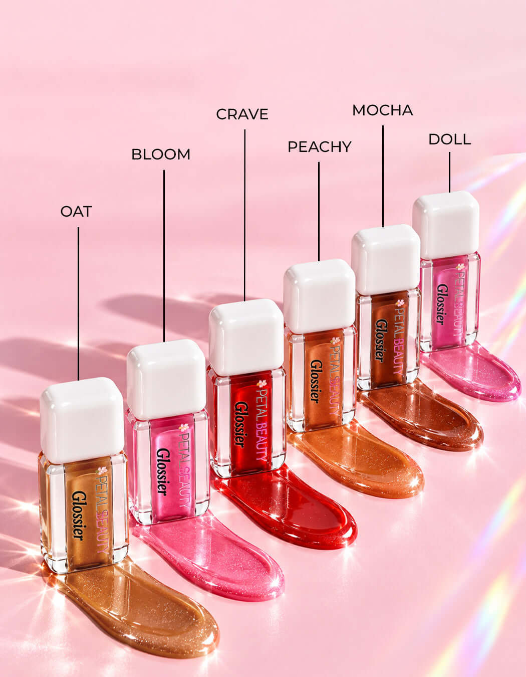 Glossier Bundle of 6 plumping lip glosses: Crave, Bloom, Doll, Oat, Mocha and Peachy