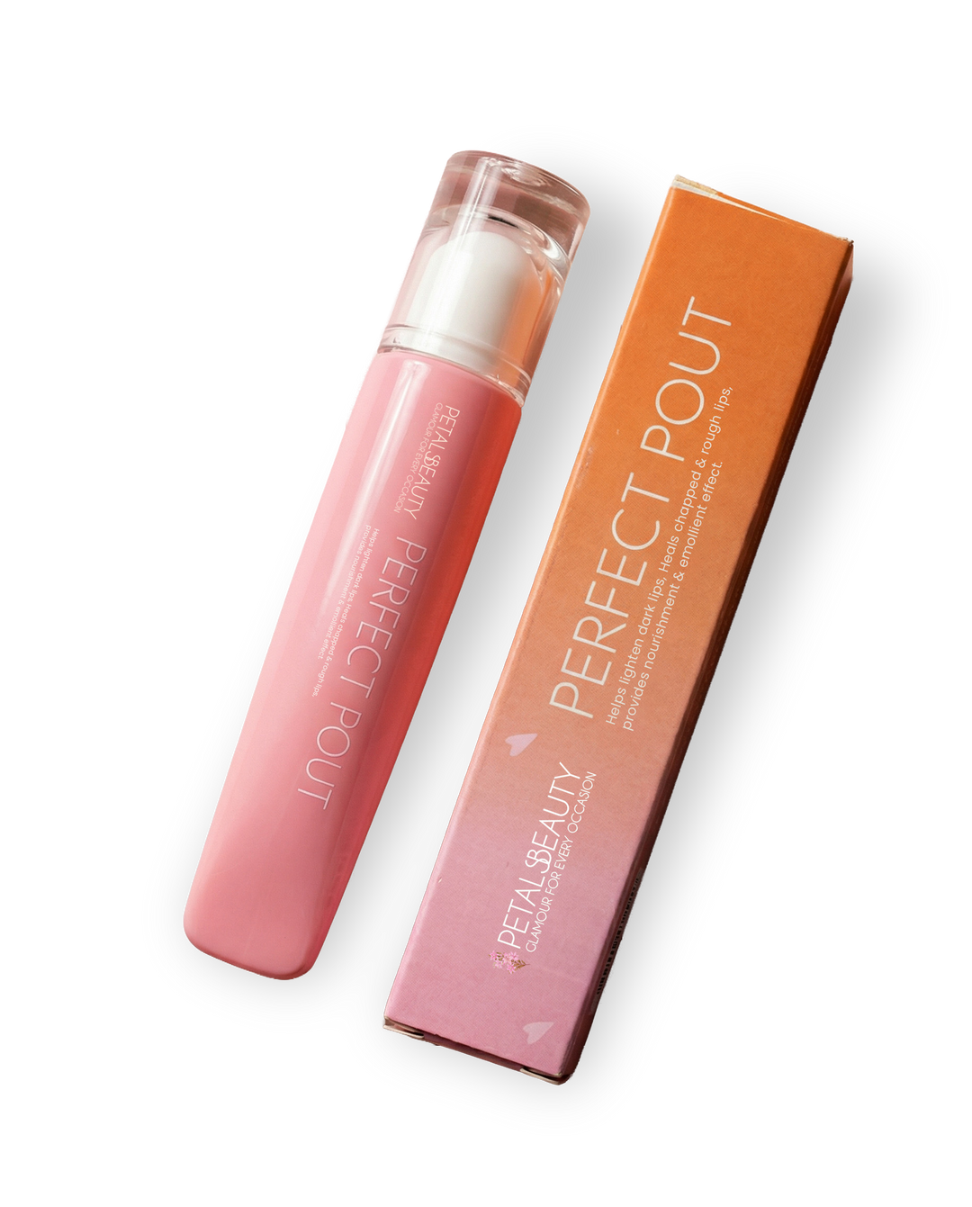 Perfect Pout Caramel Kiss lip gloss tube by Petals Beauty on a plain background