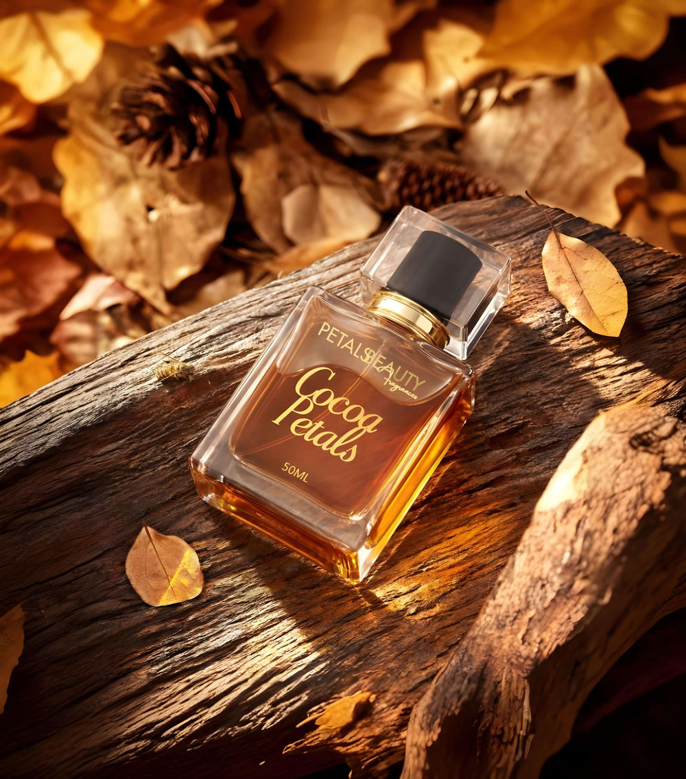 Cocoa Petals perfume bottle styled on a soft background