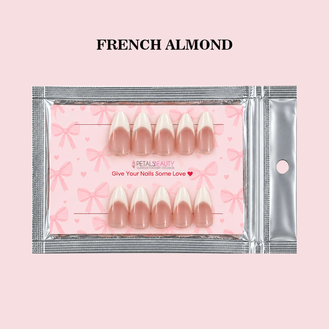 Petals Beauty press-on nails in French Almond design