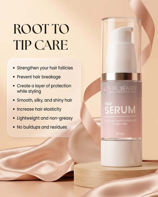 Petals Beauty hair serum bottle with features listed on a beige background
