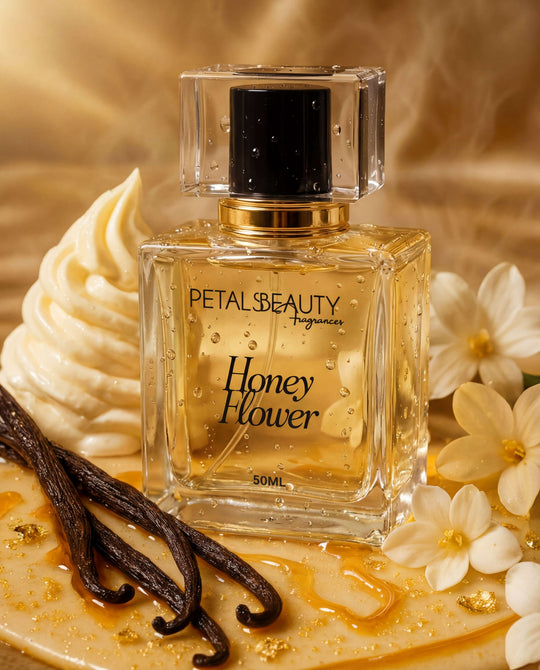 Honey Flower perfume bottle styled on a soft background