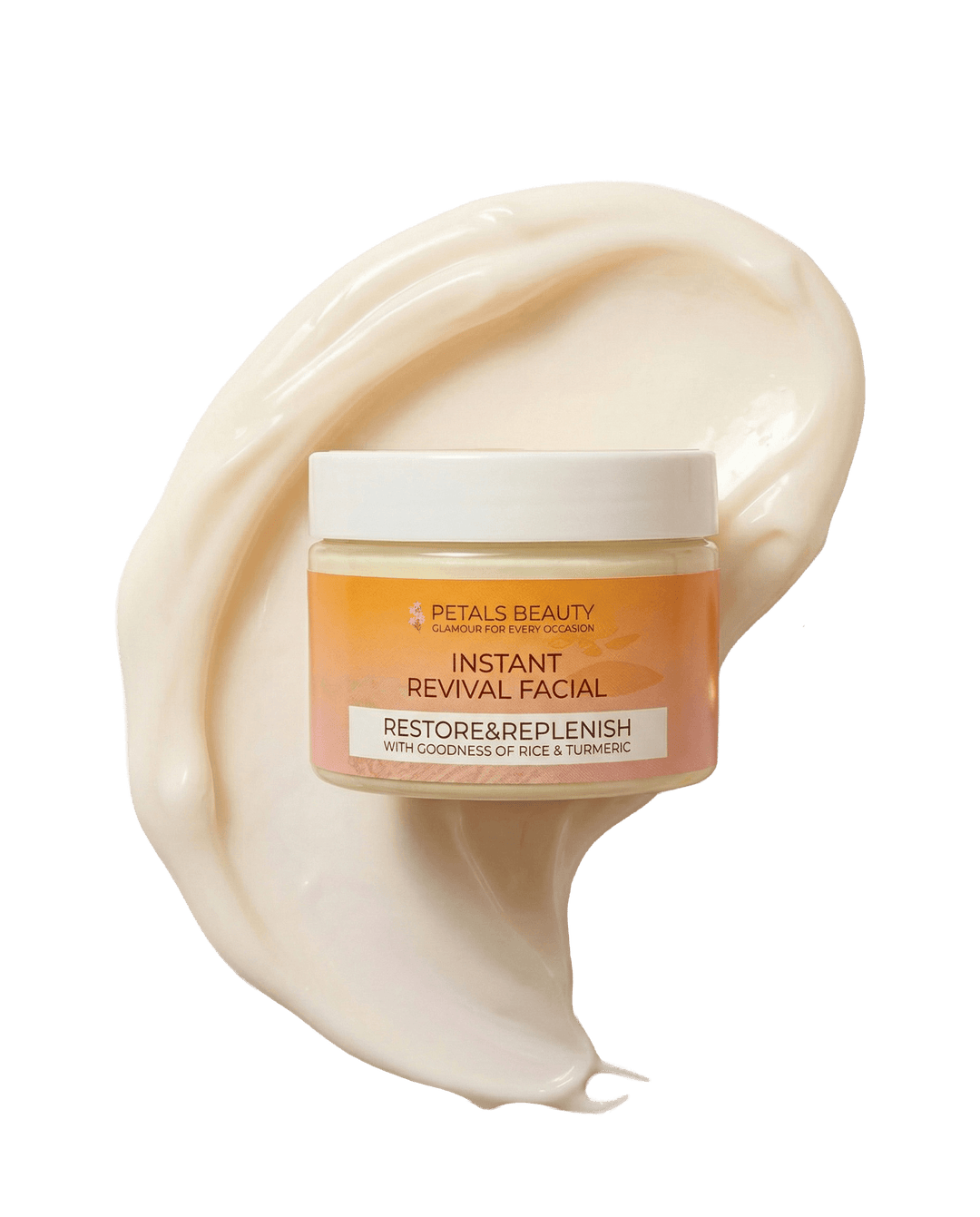 A jar of Petals Beauty Instant Revival Facial Restore & Replenish cream, set against a stylized swirl of the off-white facial cream itself on a clean white background.