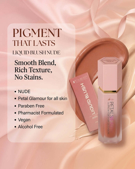 Nude liquid blush benefits: 5ml, lightweight, buildable, for cheeks, lips and eyes